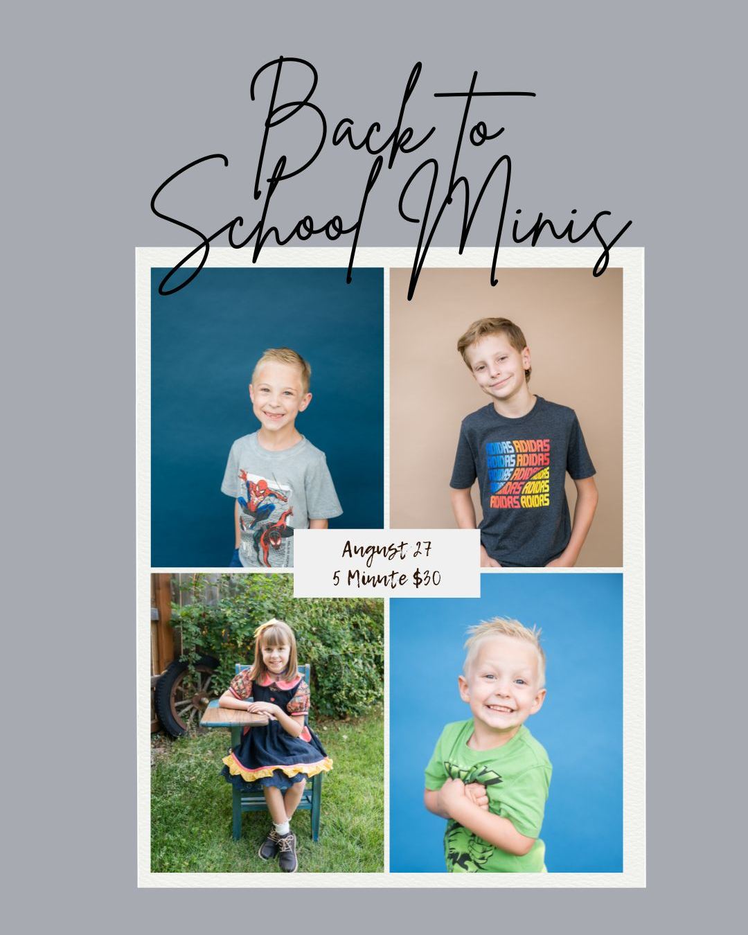 🍎 Back to School Minis are here! ✏️📚

Before the backpacks get dirty, the shoes get scuffed, and the first-day chaos begins… let’s grab some cute photos to document another school year!

This year you’ll get two looks during your quick session:
📚 A classic outdoor school setup with a vintage desk
📸 A clean solid-color backdrop for that timeless school portrait look

Perfect for individual photos and sibling photos—and way more fun than crossing your fingers over traditional school pictures. 😉

📅 Thursday, August 27
📍 River Heights
💲 $30 + tax
⏱️ 5-minute sessions
👧 Up to 3 children per session (book the 3–6 kid option for larger families)
✨ Minimum of 5 edited images, online gallery, and print release included

Optional print package available for $20 per child too!

Use the link to book your spot, or message me if you need it sent over. Can’t wait to see all those fresh back-to-school smiles! 📸

#StaceyHansenPhotography #BackToSchoolMinis #CacheValleyPhotographer #UtahSchoolPhotos #backtoschool2026 

https://staceyhansenphotography.hbportal.co/public/6a5a6b255814e935c910e843/1-My_services