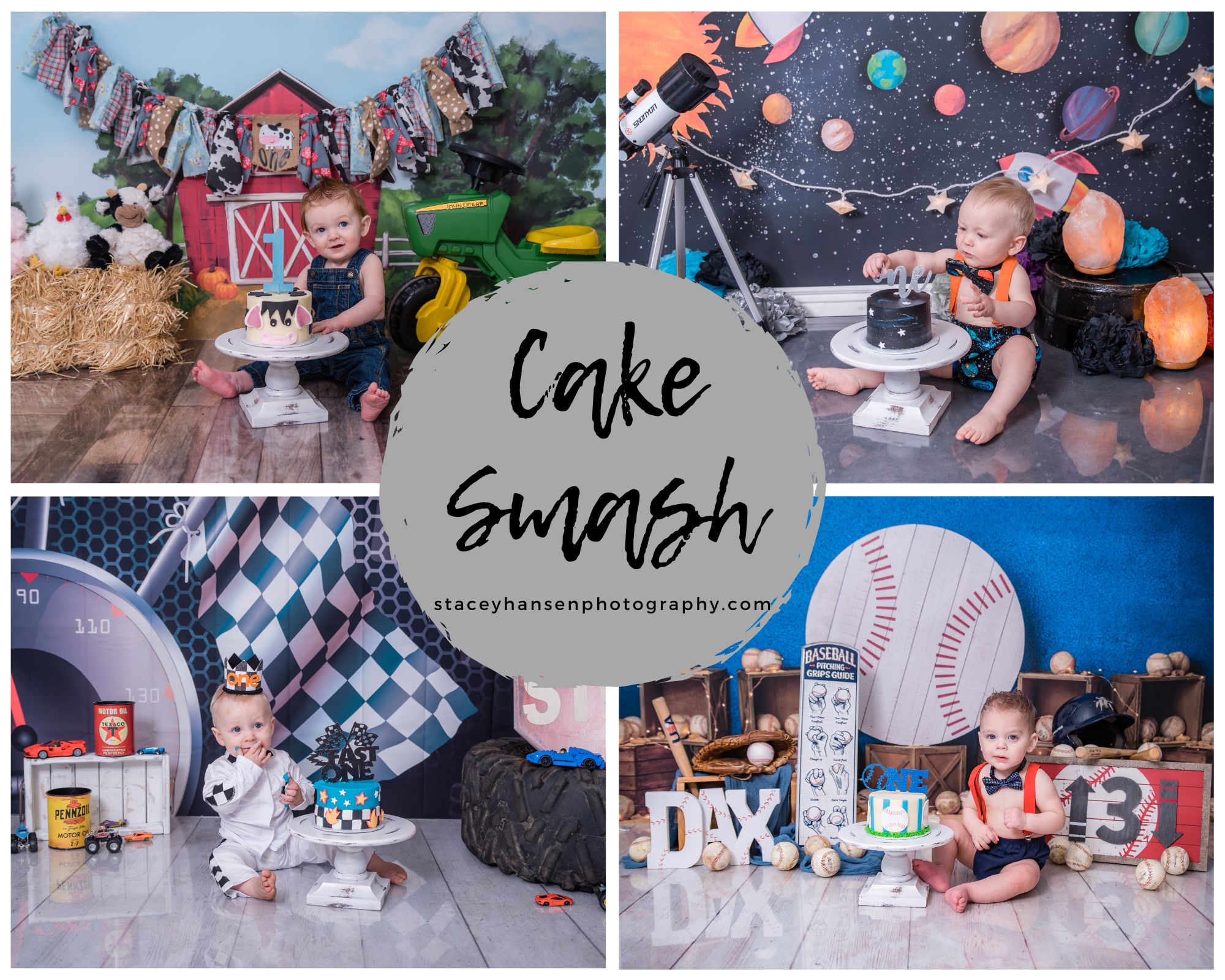 Need a fun cake smash idea for your little guy? 🚜🚀🏎️⚾️
From farm fun and outer space to race cars and baseball, themed first-birthday sessions are such a cute way to show off their little personality—and celebrate making it through year one! 😉
What theme would fit your one-year-old best?
#StaceyHansenPhotography #CacheValleyCakeSmash #LoganUtahPhotographer #FirstBirthdayPhotos #BoyCakeSmash