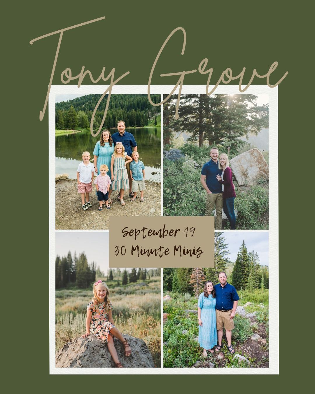 🍂 Tony Grove Fall Minis are officially open! 🍁
One of my very favorite fall spots + all the golden aspens, mountain views, and lake scenery = the prettiest family photos. 🤍
Join me at Tony Grove Lake on Saturday, September 19 for a 30-minute session with a beautiful variety of fall backdrops. Perfect for families, couples, kids, maternity, seniors, and getting those holiday-card photos checked off your list!
📍 Tony Grove Lake, Logan Canyon
📅 Saturday, September 19, 2026
💲 $195 + tax
✨ Edited digital images + online gallery and print release included
Sessions are back-to-back throughout the afternoon and are limited, so grab your spot through the link! Message me if you need the link sent directly too. 🍂📸
#StaceyHansenPhotography #TonyGroveLake #CacheValleyPhotographer #UtahFallPhotos #FallMiniSessions
https://staceyhansenphotography.hbportal.co/public/6a6776b97e709be6220f2073